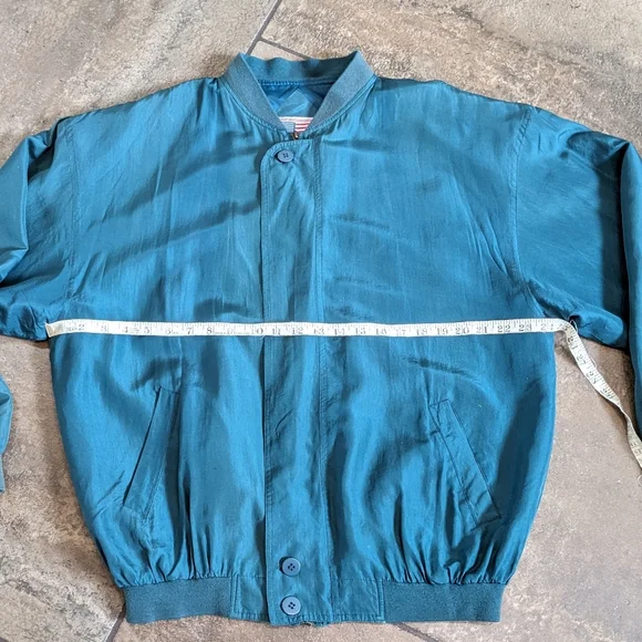 Lucky Star Vintage 100% Silk Luxury Lightweight Unisex Bomber Jacket Size L Teal - Picture 9 of 11